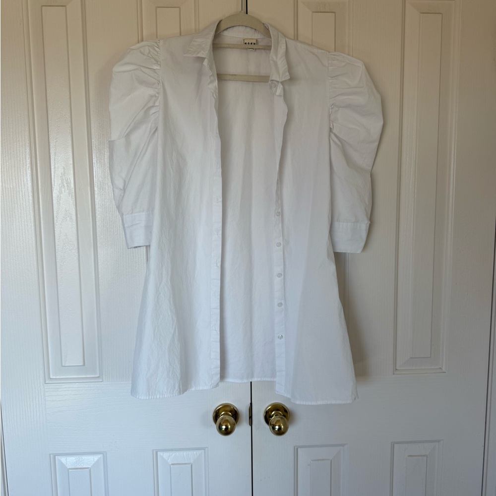 Anthropologie White Puff Sleeve Button-Up Shirt Dress